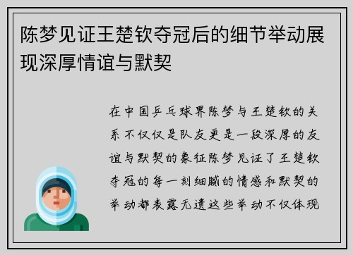 陈梦见证王楚钦夺冠后的细节举动展现深厚情谊与默契