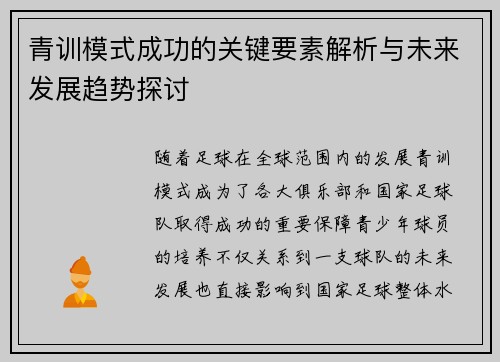 青训模式成功的关键要素解析与未来发展趋势探讨