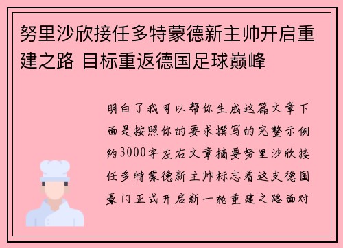 努里沙欣接任多特蒙德新主帅开启重建之路 目标重返德国足球巅峰